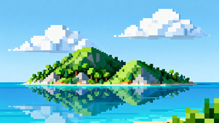 Pixelated island with trees and waterの素材