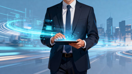 Businessman using tablet with digital interfaceの素材