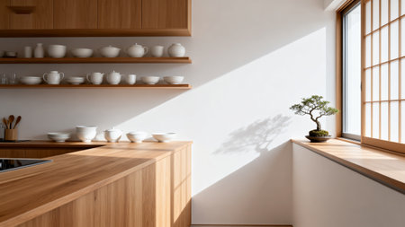 Minimalist kitchen with wooden fixtures and bonsaiの素材