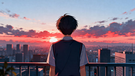 Boy watching sunset over cityscapeの素材