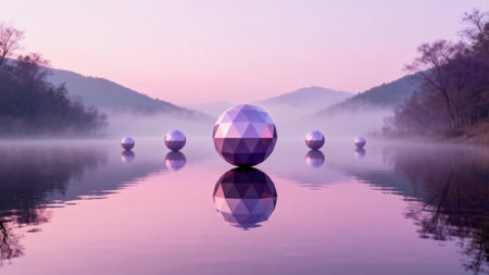 Geometric spheres floating on misty lakeの素材
