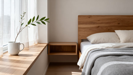 Minimalist bedroom with wooden furniture and natural lightの素材