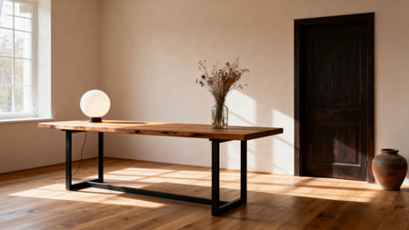 Wooden table with lamp and vase in sunlit roomの素材