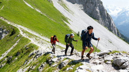 Hikers on mountain trails with backpacksの素材