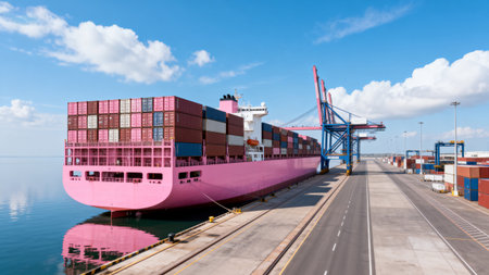 Pink container ship docked at portの素材