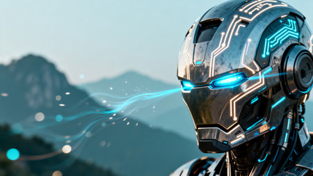 Robot head with glowing blue circuitsの素材