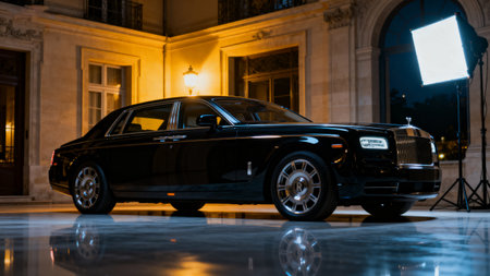 Black luxury sedan parked indoorsの素材