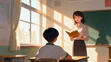 Teacher reading to students in classroomの素材