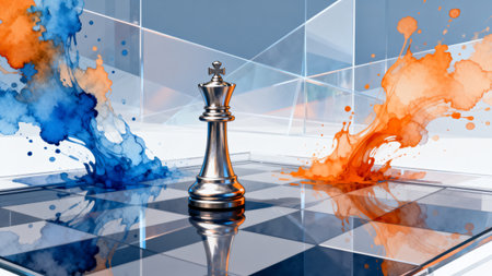 Silver chess king on checked board with paint splashesの素材