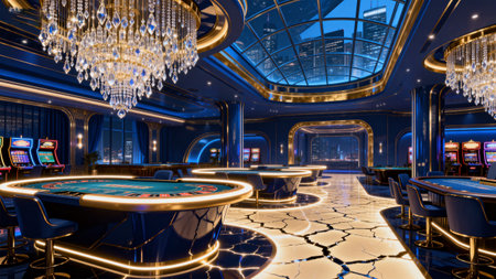 Luxury casino interior with gaming tables and chandeliersの素材
