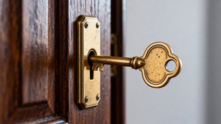 Antique key inserted in wooden door lockの素材