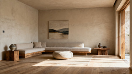 Minimalist living room with natural materialsの素材