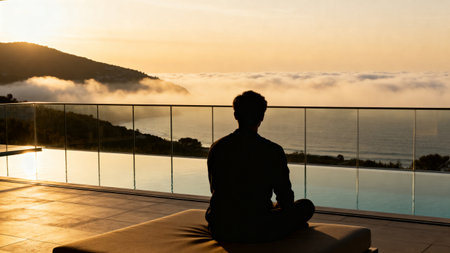 Person meditating at sunrise overlooking seaの素材