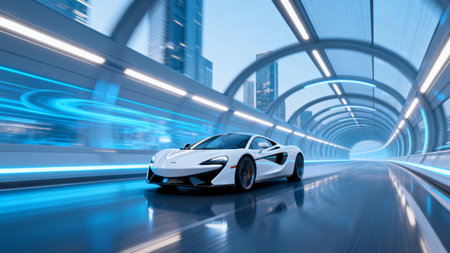 White sports car in futuristic tunnelの素材