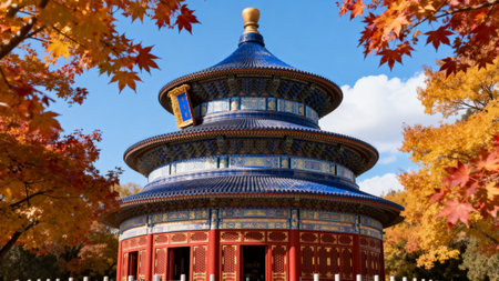 Blue tiled pagoda surrounded by autumn treesの素材