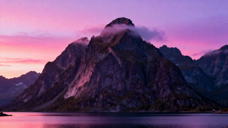 Mountain peak at sunset with pink skyの素材