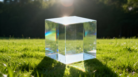 Transparent cube on grass in sunlightの素材