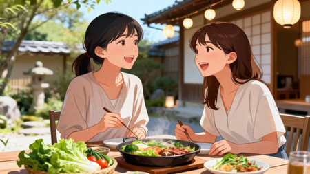 Two women enjoying a meal outdoorsの素材