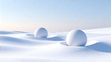 Snowy landscape with two white spheresの素材