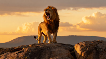 Lion roaring on rocky outcrop at sunsetの素材