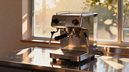 Espresso machine near sunlit windowの素材