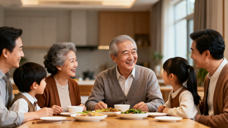 Family sharing meal togetherの素材