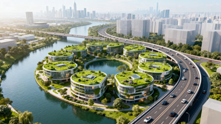 Modern circular buildings with green roofs near riverの素材