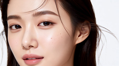 Closeup of womens face with natural makeupの素材