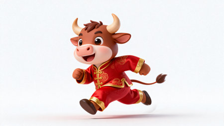 Cartoon bull in red traditional outfit runningの素材
