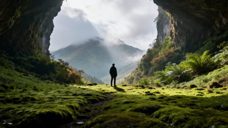 Person standing in mossy cave entranceの素材