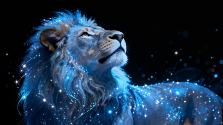 Lion with glowing blue mane against dark backgroundの素材