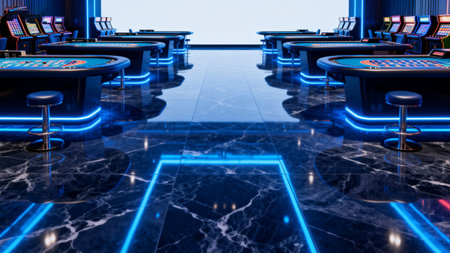 Casino gaming tables with neon lightingの素材