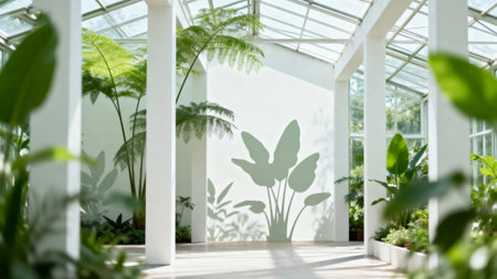 Greenhouse interior with plants and sunlightの素材