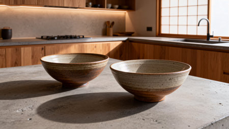 Two ceramic bowls on kitchen countertopの素材