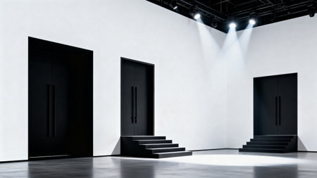 Minimalist interior with black doors and spotlightsの素材