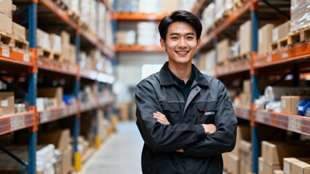 Worker standing in warehouse aisleの素材