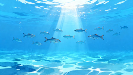 Fish swimming under sunlight in oceanの素材