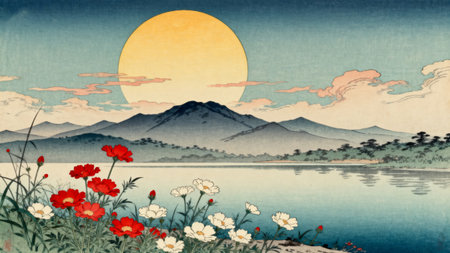 Flowers by lake with mountain and sunの素材