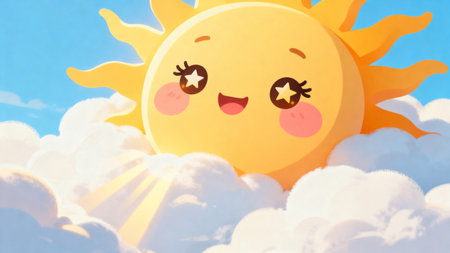 Cute smiling sun with star eyes above cloudsの素材