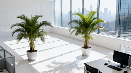Office with potted plants and city viewの素材