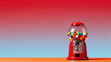 Red gumball machine with colorful candiesの素材
