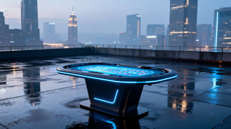 Futuristic gaming table on rooftop at duskの素材
