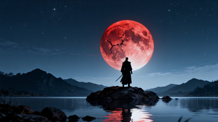 Silhouette of person on rock before red moonの素材