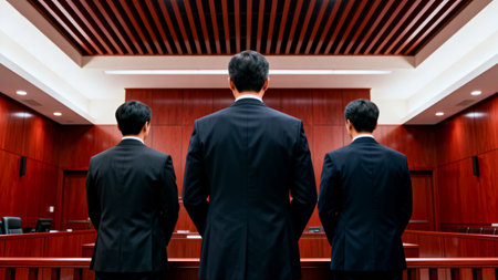 Three men in suits standing in courtroomの素材