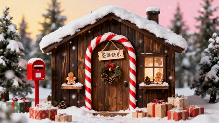 Snowy Christmas cabin with candy cane archの素材
