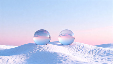 Two reflective spheres on snowy dunesの素材