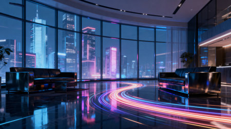 Futuristic lounge with neon city viewの素材