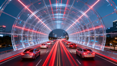 Cars driving through illuminated tunnel at nightの素材
