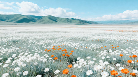 Field of white and orange flowers with hillsの素材