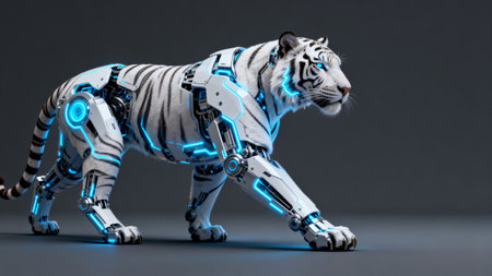 Robotic white tiger with glowing blue circuitsの素材